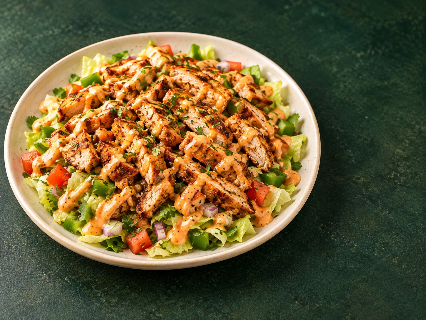 Bread-free grilled chicken salad with lettuce, tomato, onion and capsicum