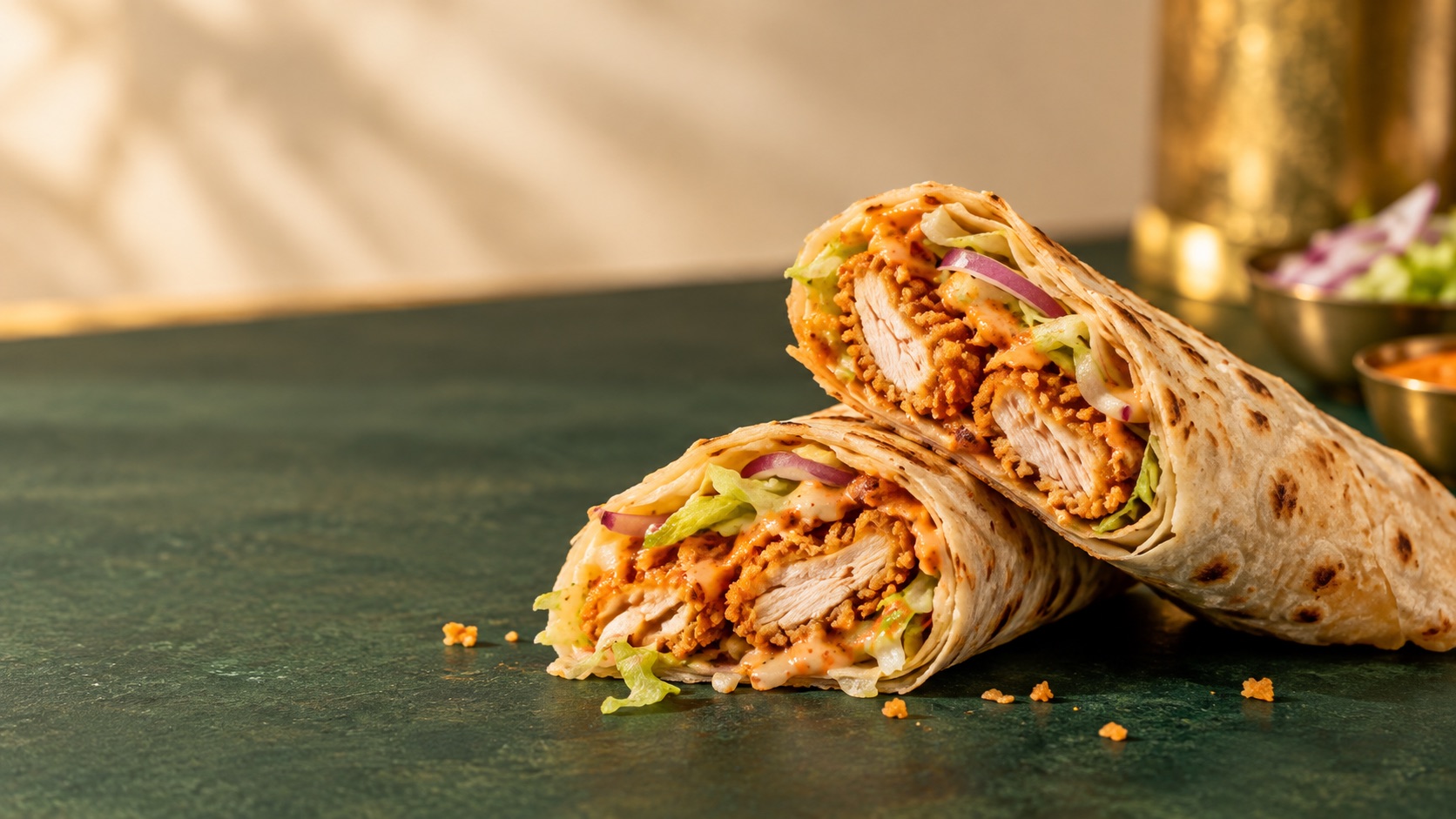 Slender crispy chicken wraps cut open to show fresh filling