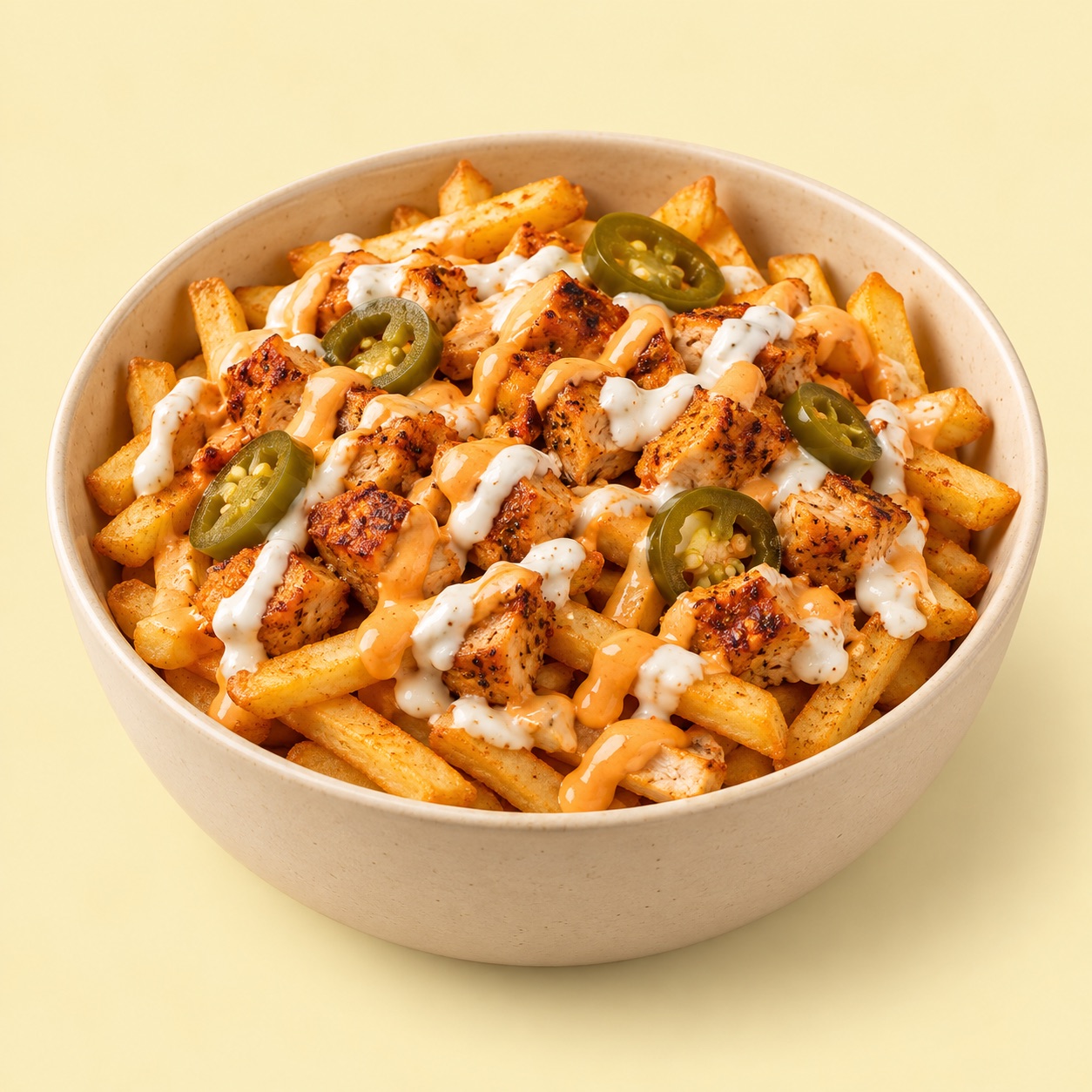 Loaded chicken french fries in a cream bowl
